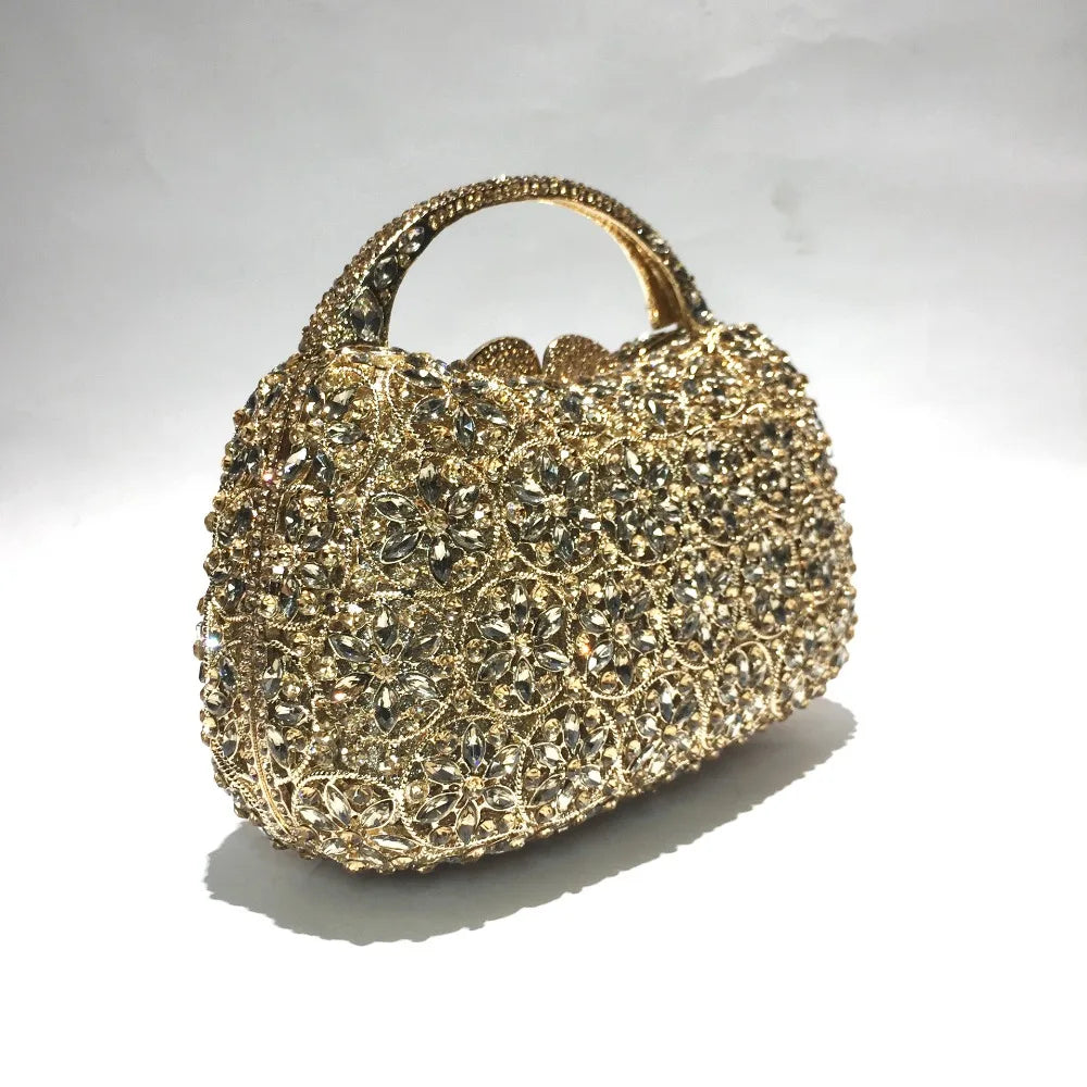 XIYUAN Women Rhinestones Top Handle Handbags Stones Evening bag Minaudiere Wedding Clutch Bridal Tote Ladies Metal Chain Handbag