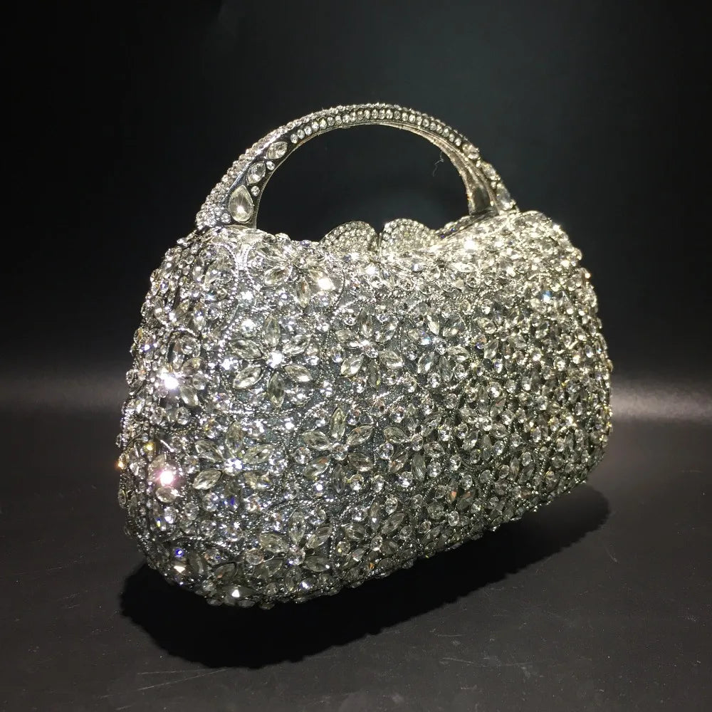 XIYUAN Women Rhinestones Top Handle Handbags Stones Evening bag Minaudiere Wedding Clutch Bridal Tote Ladies Metal Chain Handbag