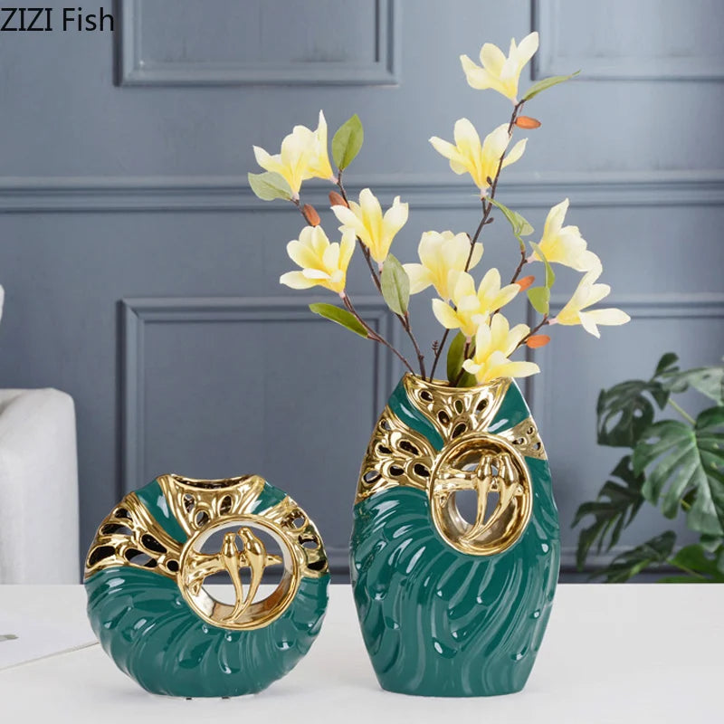 Ceramic Vase Chinese Retro Golden Hollow Golden Bird Flower Vases Modern Home Decoration Flower Arrangement Accessories