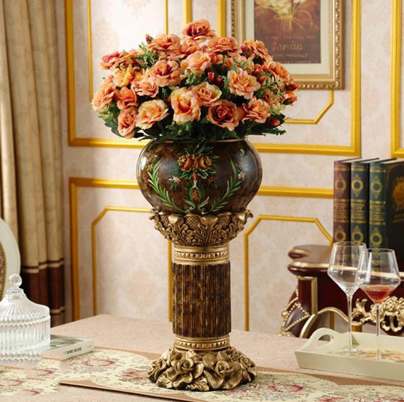 European Luxury Large Floor Resin Vase Flower Arrangement Home Livingroom Adornments Decoration Lobby Hotel Furnishings Crafts