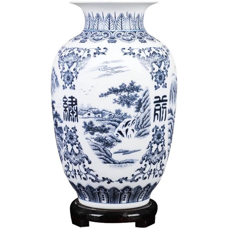 Jingdezhen Ceramic Vase Retro-ancient Landscape Dumb Blue and White Porcelain Flower Arrangement Small Dry Flower Vase Porcelain