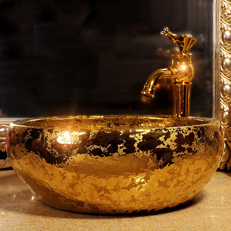 Jingdezhen Luxury Gold Bathroom Vessel Sink Ceramic Counter Top Wash Basin Porcelain Round Sink Bowl Vanity Sinks