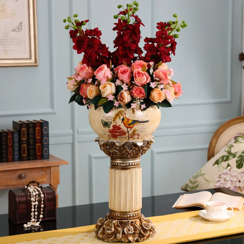 European Luxury Large Floor Resin Vase Flower Arrangement Home Livingroom Adornments Decoration Lobby Hotel Furnishings Crafts