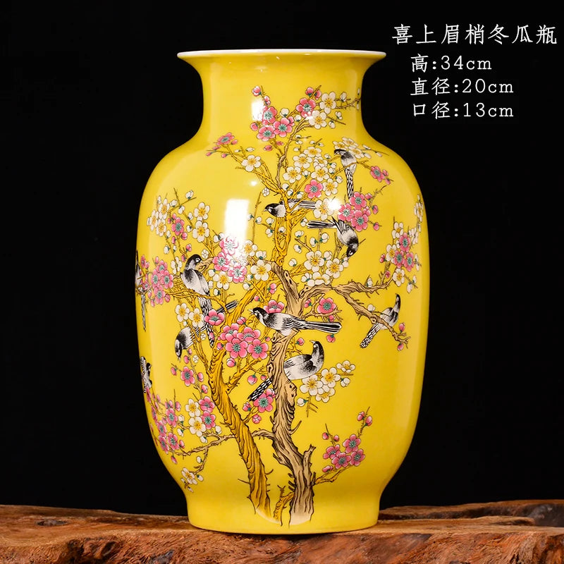 Jingdezhen porcelain antique new Chinese vase yellow glazed  magpie on the plum tree pattern big vases