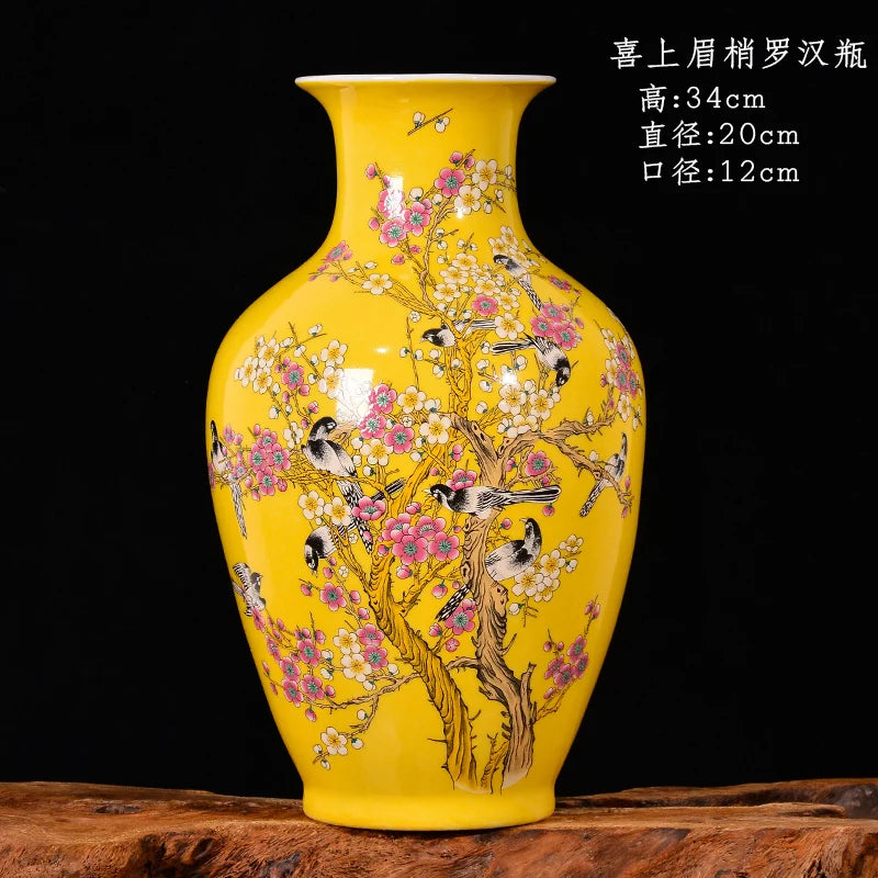 Jingdezhen porcelain antique new Chinese vase yellow glazed  magpie on the plum tree pattern big vases