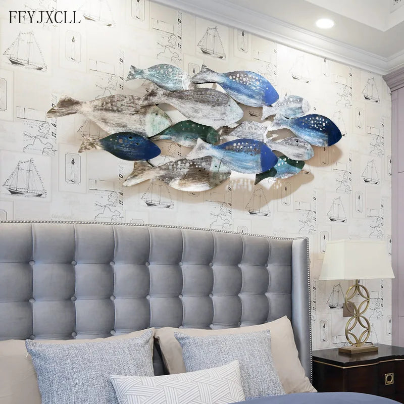 Mediterranean Style Wrought Iron Wall Decoration Fish Wall Hanging Retro Ocean Children's Room Theme Ornaments