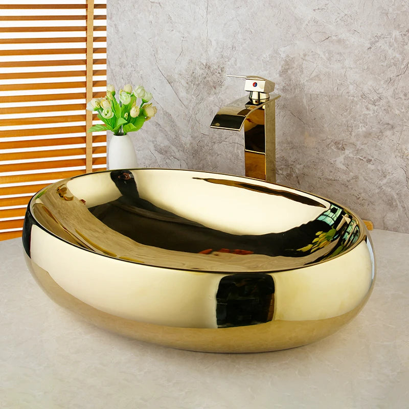 Monite Luxury Golden Ceramic Lavatory Sink Set Solid Brass Bathroom Tap Washbasin Basin Sink Set Bath Combine Mixer Faucet