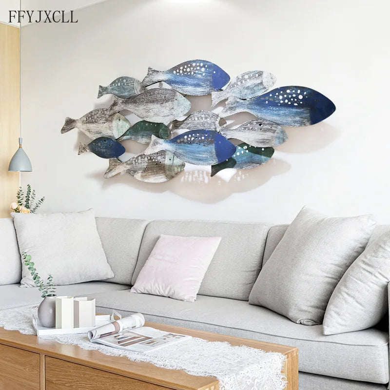 Mediterranean Style Wrought Iron Wall Decoration Fish Wall Hanging Retro Ocean Children's Room Theme Ornaments