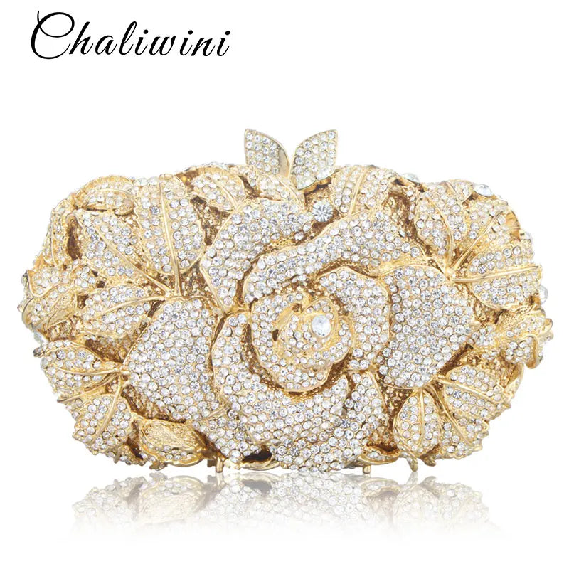 Luxury Hollow Out Crystal Floral Diamond Evening Clutch Bag Champagne Evening Bag Party Wedding Purse Soiree Pochette Purse