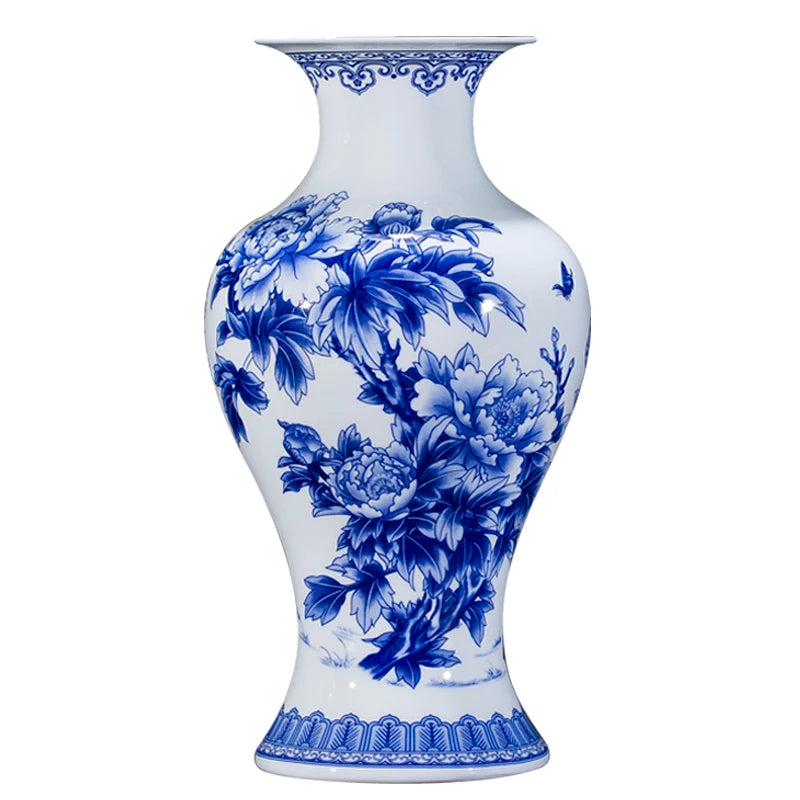 Elegant Jingdezhen Blue and White Porcelain Vases Fine Bone China Vase Peony Decorated High Quality Ceramic Vase