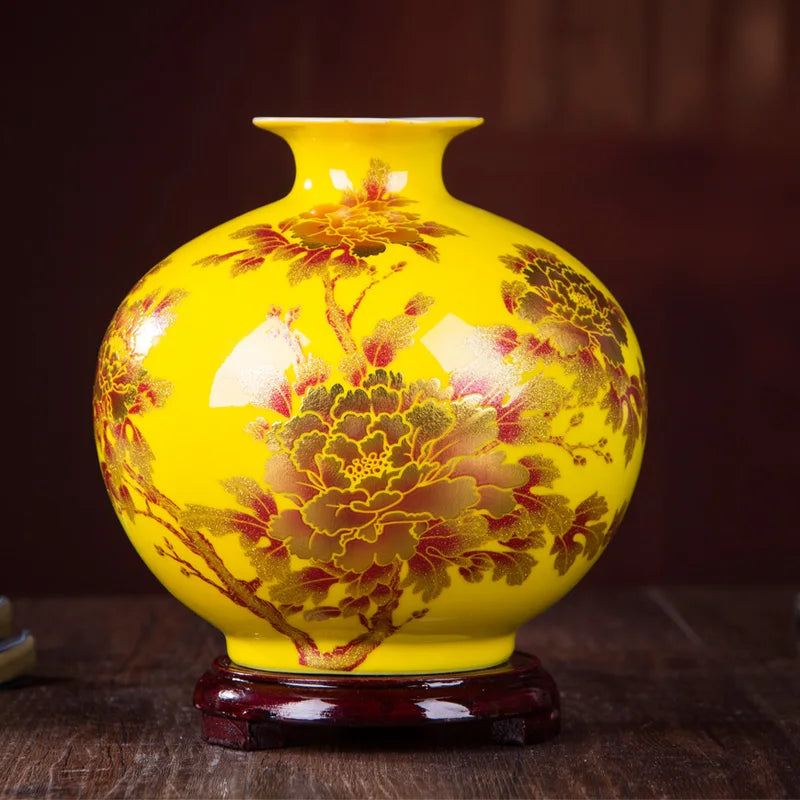 New Chinese Style Vase Jingdezhen Yellow Crystal Glaze Flower Vase Home Decor Handmade Shining Famille Rose Vases