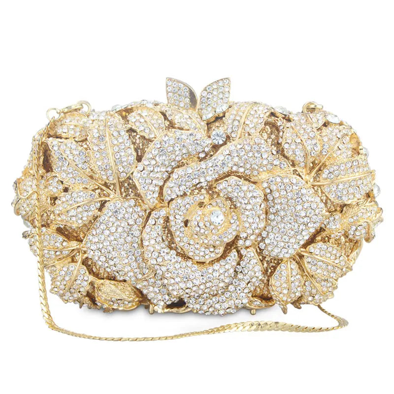 Luxury Hollow Out Crystal Floral Diamond Evening Clutch Bag Champagne Evening Bag Party Wedding Purse Soiree Pochette Purse