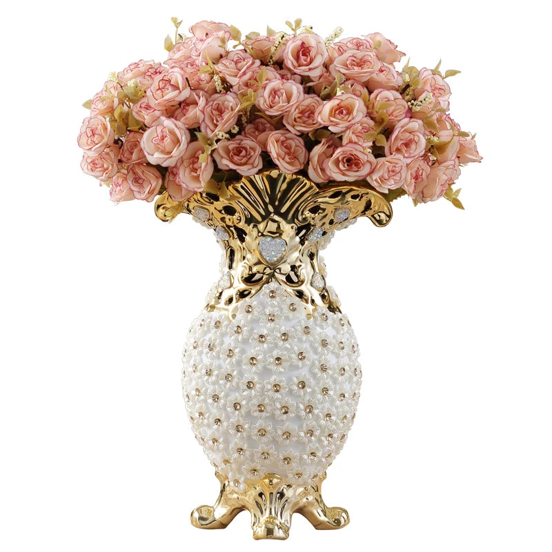 Europe Luxury High-grade Diamond Resin Vase+Artificial Flower Ornament Home Decoration Crafts Livingroom Flower Pot Figurine Art