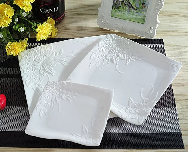 3/set Flower Stamped Ceramics Flat Dinner Plate Square Porcelain Gourmet Serving Dish Dinnerware for Beef Steak Salad Spaghetti