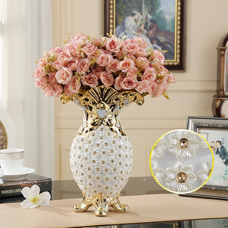 Europe Luxury High-grade Diamond Resin Vase+Artificial Flower Ornament Home Decoration Crafts Livingroom Flower Pot Figurine Art