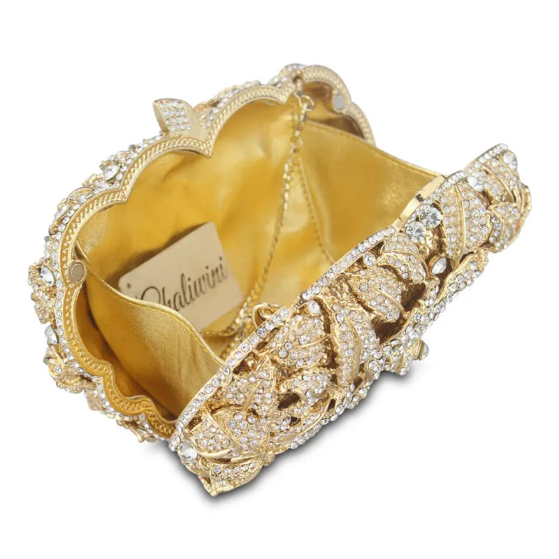 Luxury Hollow Out Crystal Floral Diamond Evening Clutch Bag Champagne Evening Bag Party Wedding Purse Soiree Pochette Purse