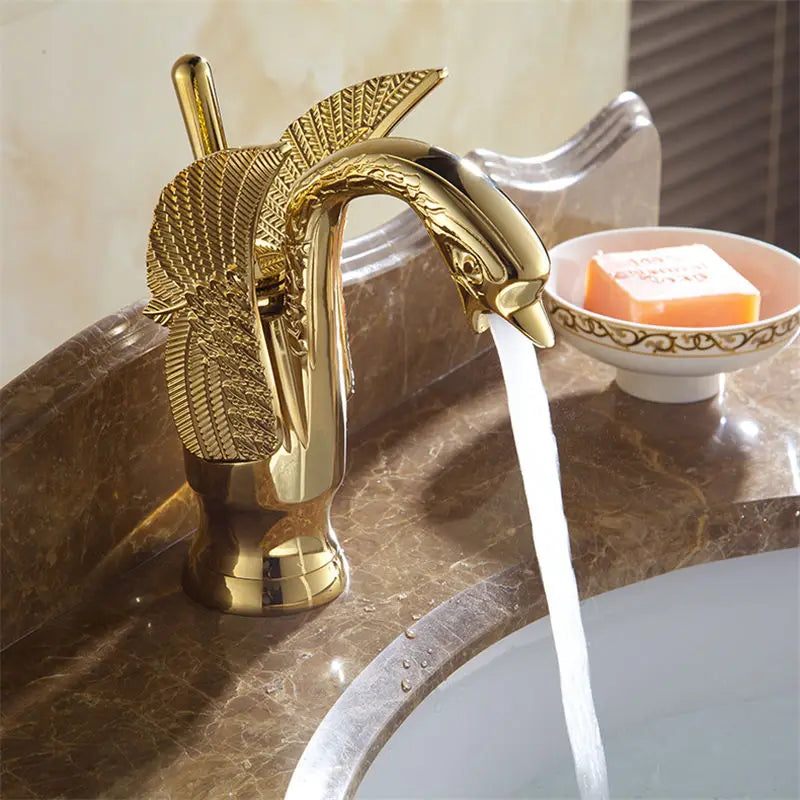 Basin Faucets New Design Swan Faucet Gold Plated Wash Basin Faucet Hotel Luxury Copper Gold Mixer Taps hot and cold Taps 85535K