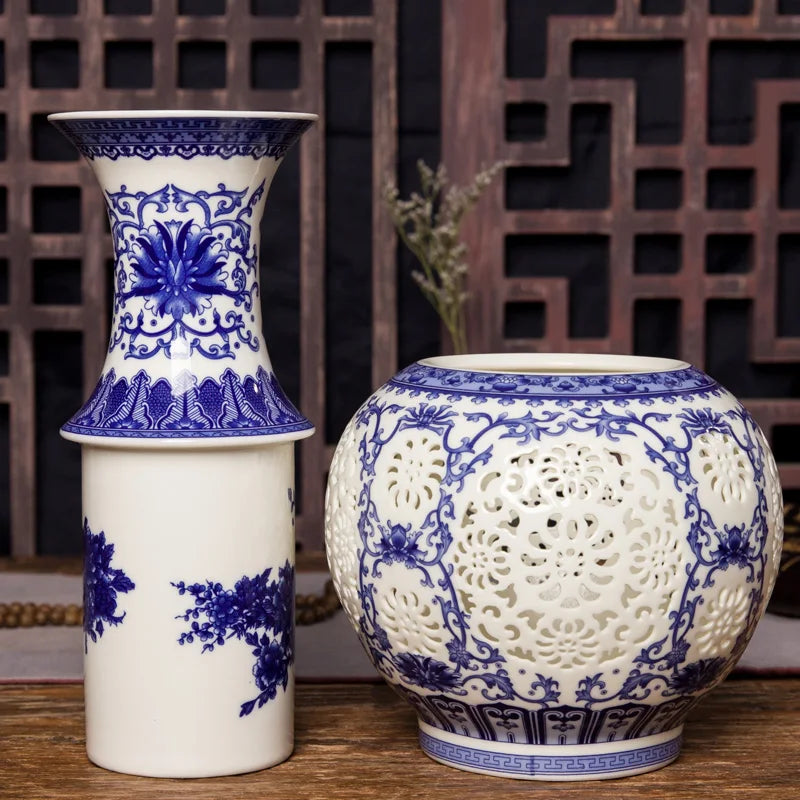 Jingdezhen Hollow Ceramic Vase Chinese Blue And White  Pierced Vase Living Room Decoration Porcelain Flower Vase