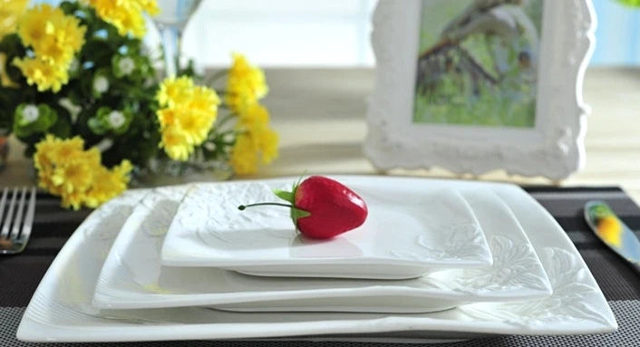 3/set Flower Stamped Ceramics Flat Dinner Plate Square Porcelain Gourmet Serving Dish Dinnerware for Beef Steak Salad Spaghetti