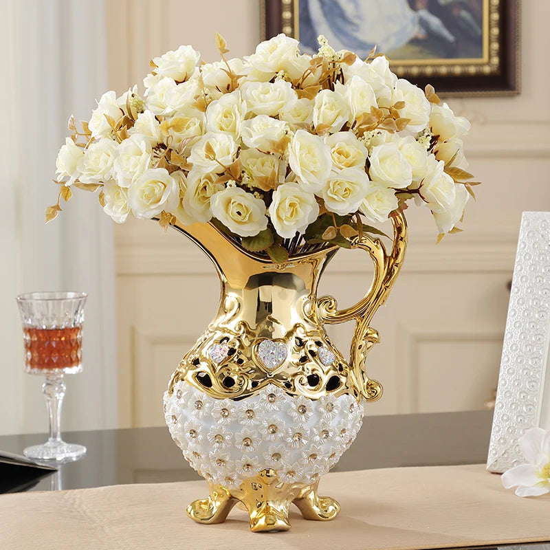 Europe Luxury High-grade Diamond Resin Vase+Artificial Flower Ornament Home Decoration Crafts Livingroom Flower Pot Figurine Art