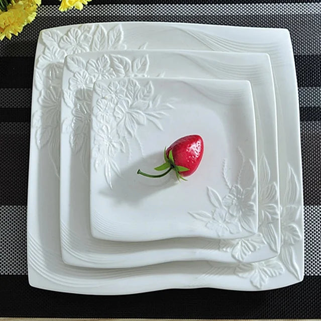 3/set Flower Stamped Ceramics Flat Dinner Plate Square Porcelain Gourmet Serving Dish Dinnerware for Beef Steak Salad Spaghetti