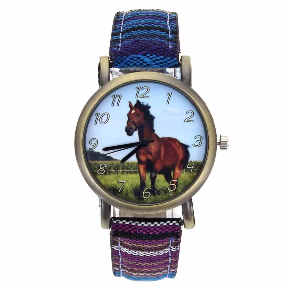 Running Horse Print Animal Unicorn Horses Fashion Men Women Stripes Denim Cloth Canvas Band Sport Quartz Watch