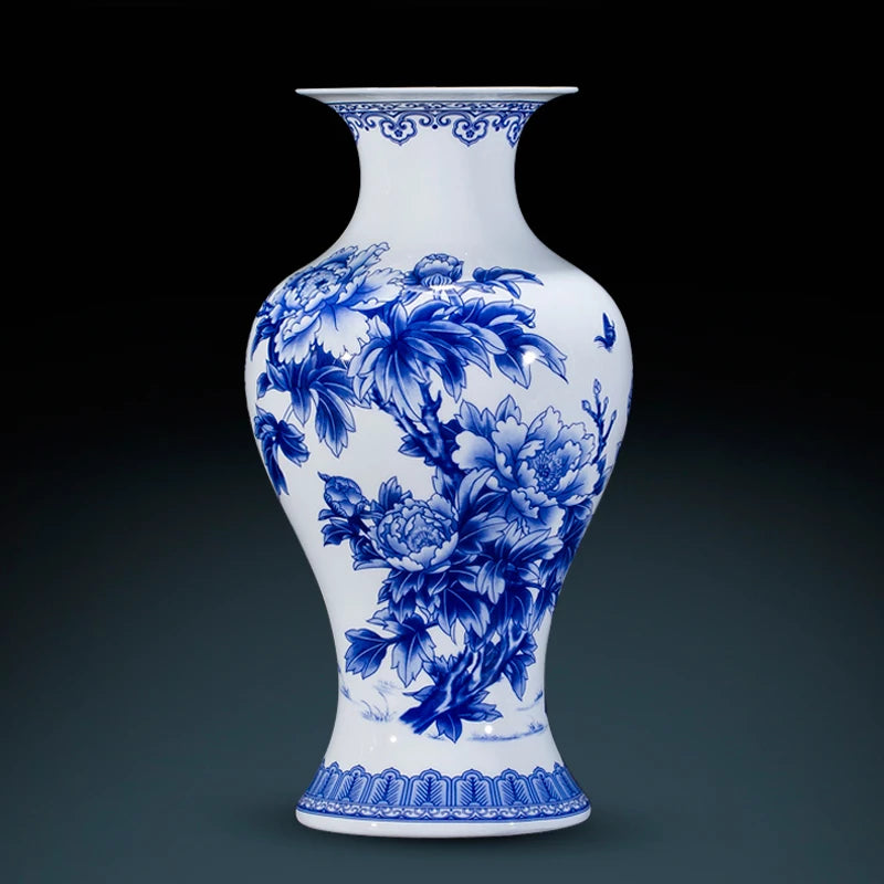 Elegant Jingdezhen Blue and White Porcelain Vases Fine Bone China Vase Peony Decorated High Quality Ceramic Vase