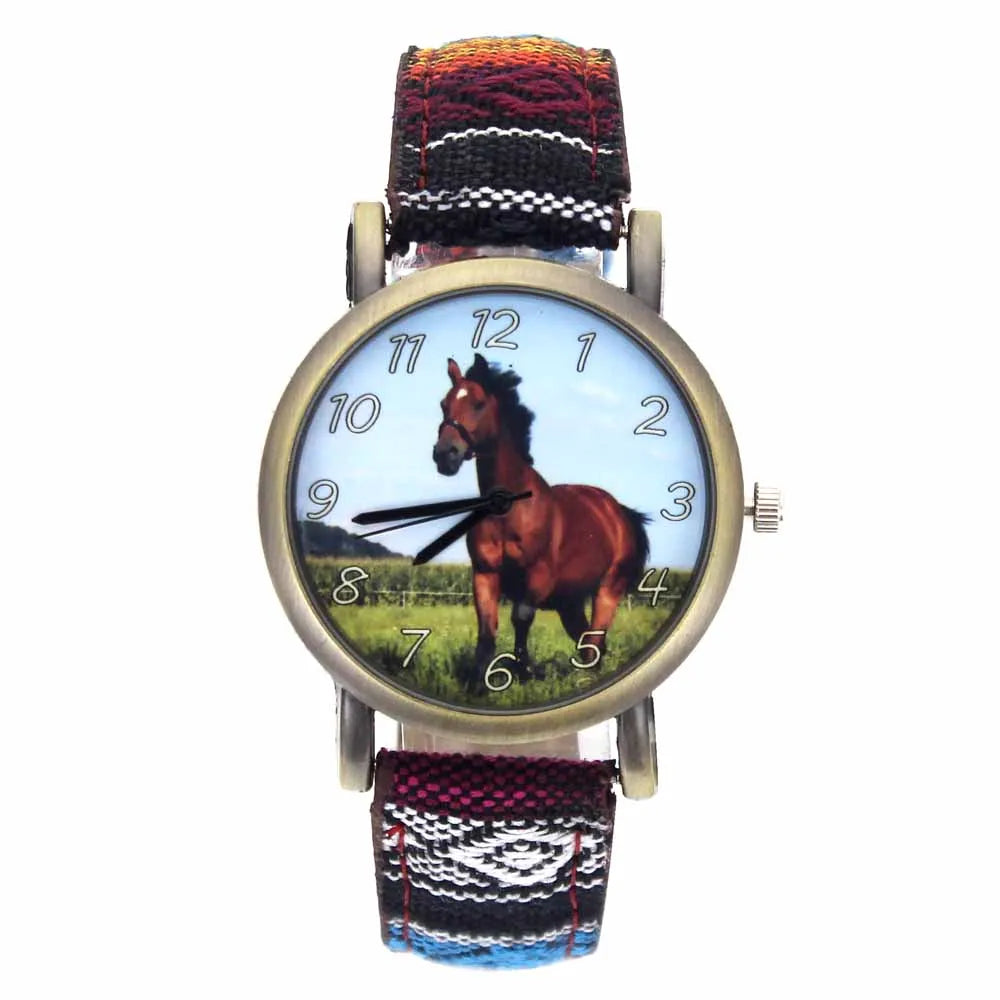 Running Horse Print Animal Unicorn Horses Fashion Men Women Stripes Denim Cloth Canvas Band Sport Quartz Watch