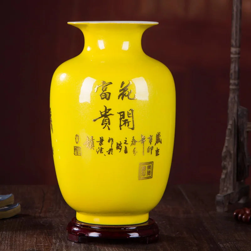 New Chinese Style Vase Jingdezhen Yellow Crystal Glaze Flower Vase Home Decor Handmade Shining Famille Rose Vases