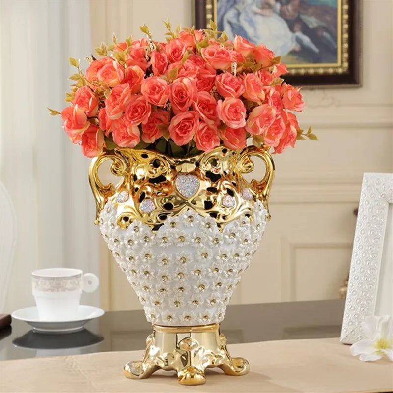 Europe Luxury High-grade Diamond Resin Vase+Artificial Flower Ornament Home Decoration Crafts Livingroom Flower Pot Figurine Art