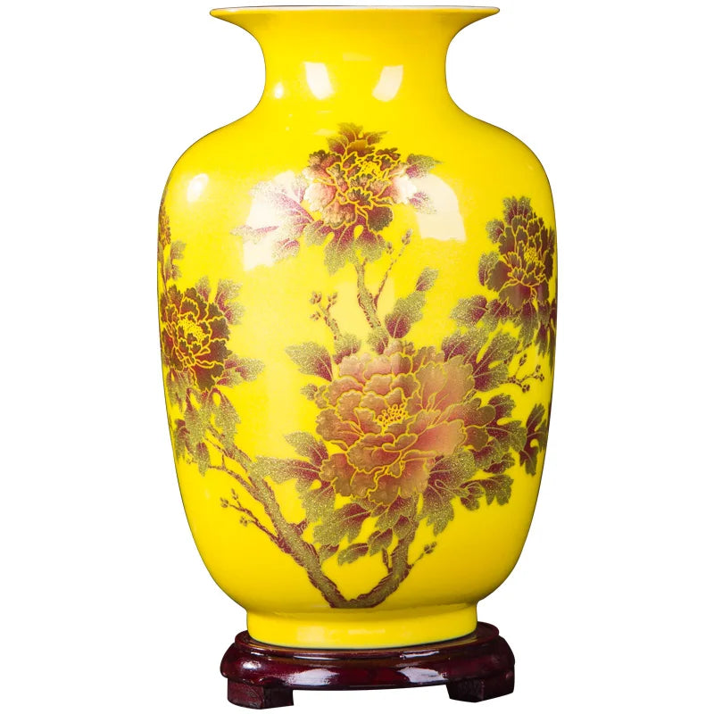 New Chinese Style Vase Jingdezhen Yellow Crystal Glaze Flower Vase Home Decor Handmade Shining Famille Rose Vases