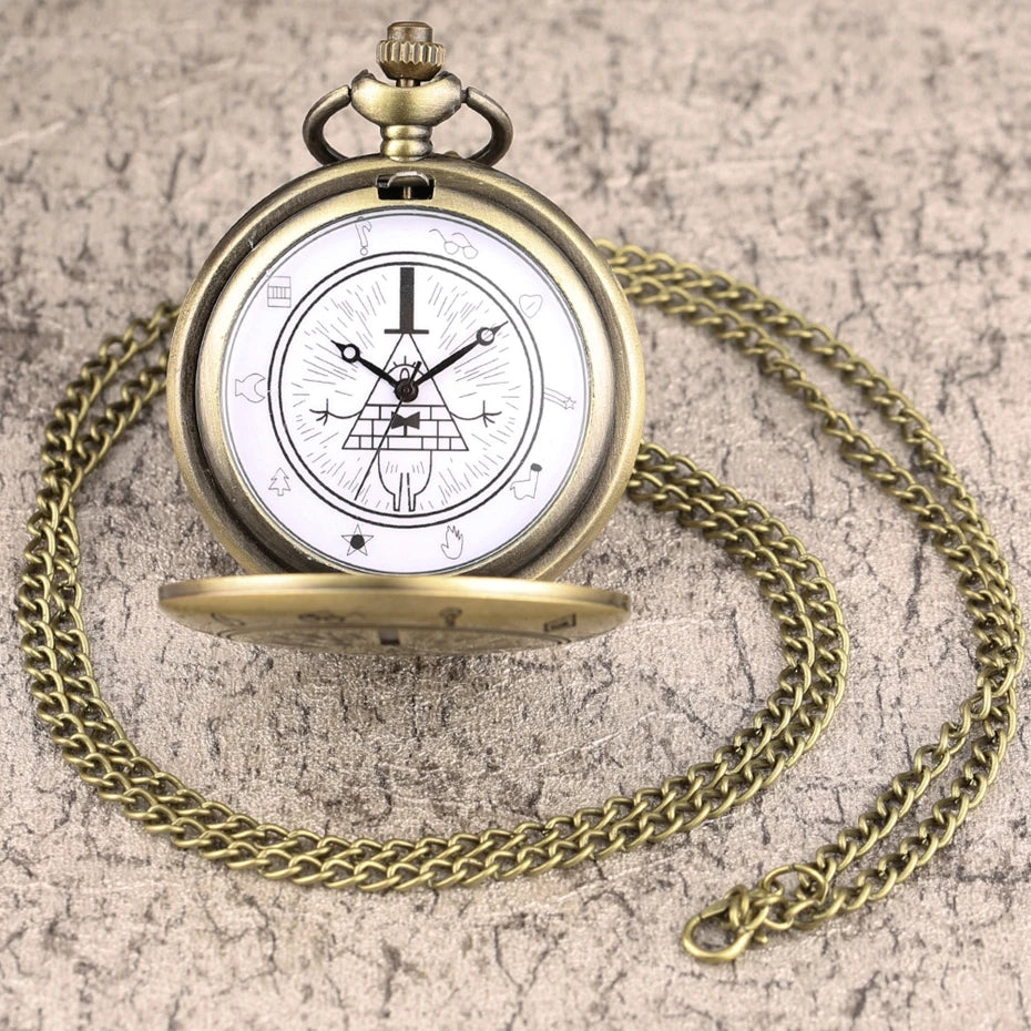 Eye of Providence Weird Town Triangle Devil Quartz Pocket Watch Gravity Bill Cipher Fall Time Gem Necklace Pendant Clock Gifts