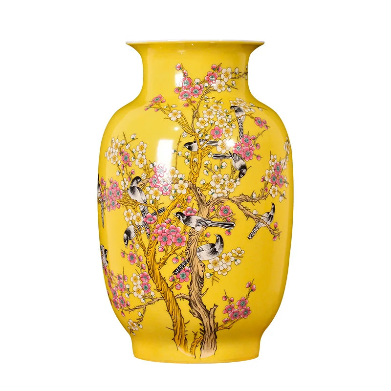 Jingdezhen porcelain antique new Chinese vase yellow glazed  magpie on the plum tree pattern big vases