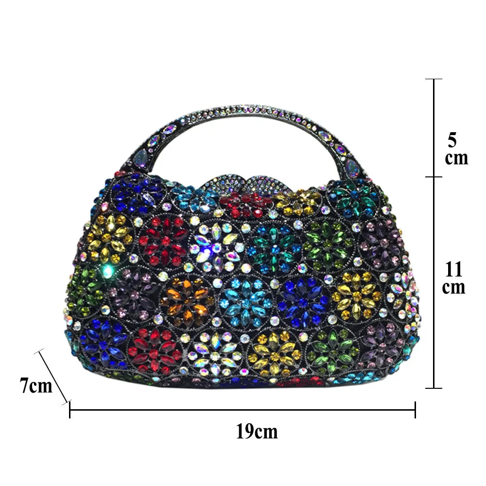 XIYUAN Women Rhinestones Top Handle Handbags Stones Evening bag Minaudiere Wedding Clutch Bridal Tote Ladies Metal Chain Handbag