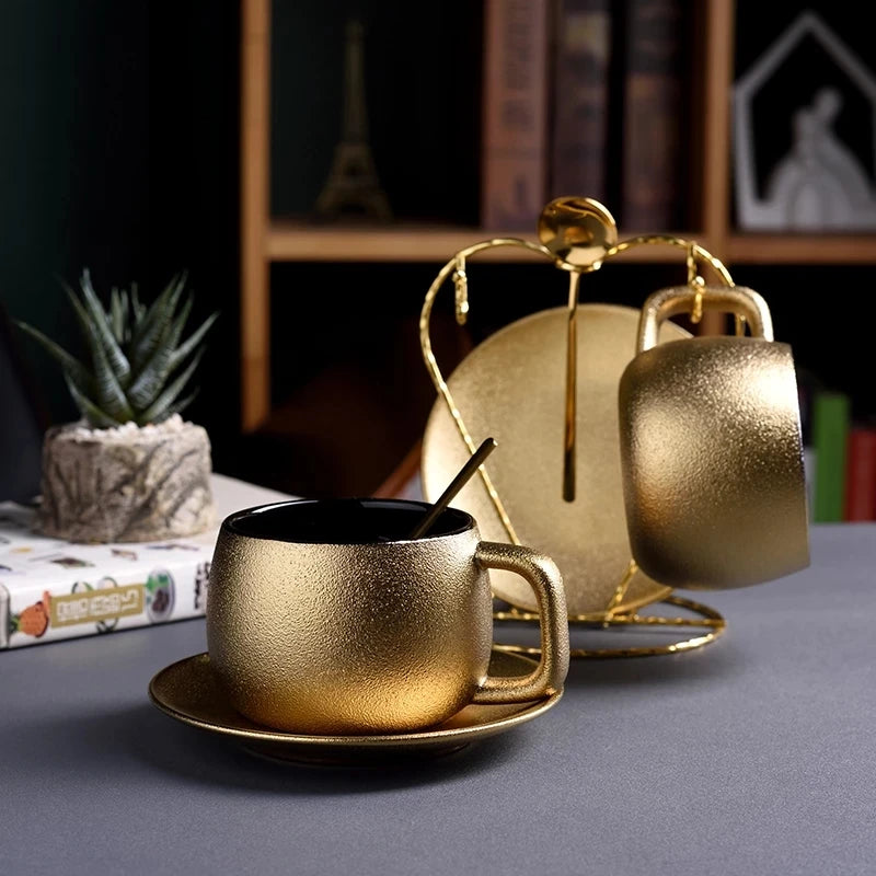 Imitation Gold Ceramic Coffee Cup Gilded Tableware With Saucer Spoon Rack Palace Modern Teacup Home Afternoon Tea Set Decoration