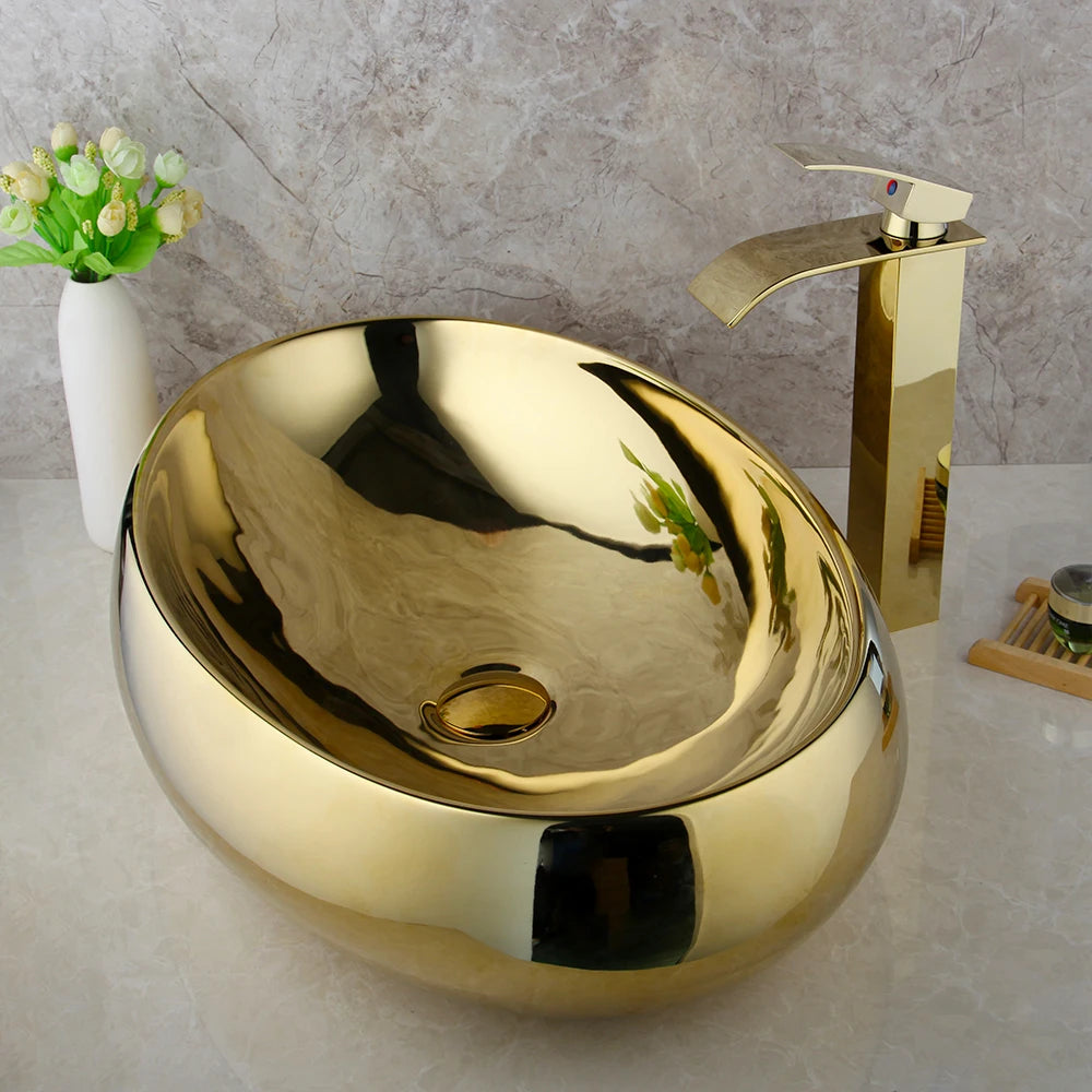 Monite Luxury Golden Ceramic Lavatory Sink Set Solid Brass Bathroom Tap Washbasin Basin Sink Set Bath Combine Mixer Faucet