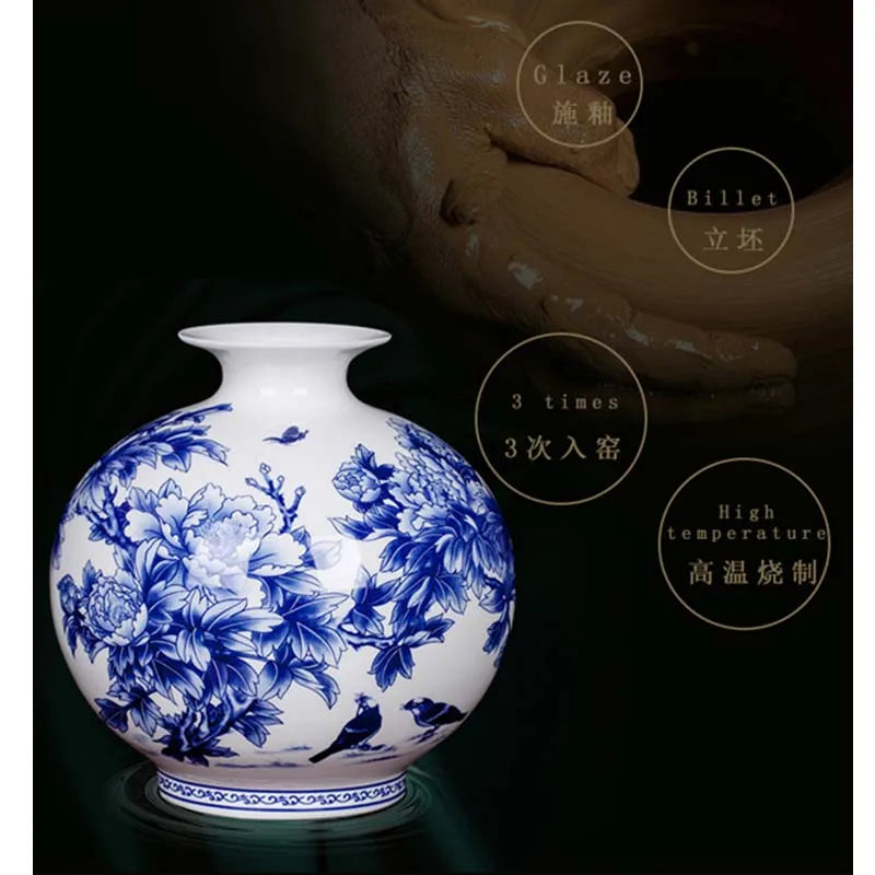 Jingdezhen Ceramic New Chinese Peony Flower Vase Blue And White Porcelain Ornaments Lliving Room Fine Bone China Vase Decoration