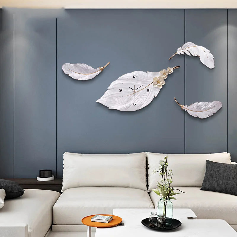 Modern Minimalist Light Luxury Feather Wall Clock Wall Mural Crafts Home Livingroom Wall Hanging Decoration Office Ornaments Art