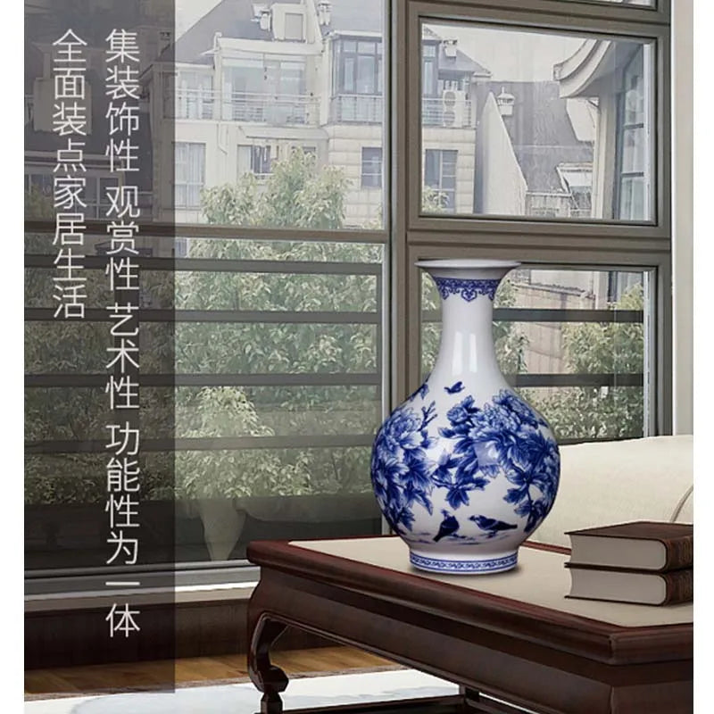 Jingdezhen Ceramic New Chinese Peony Flower Vase Blue And White Porcelain Ornaments Lliving Room Fine Bone China Vase Decoration