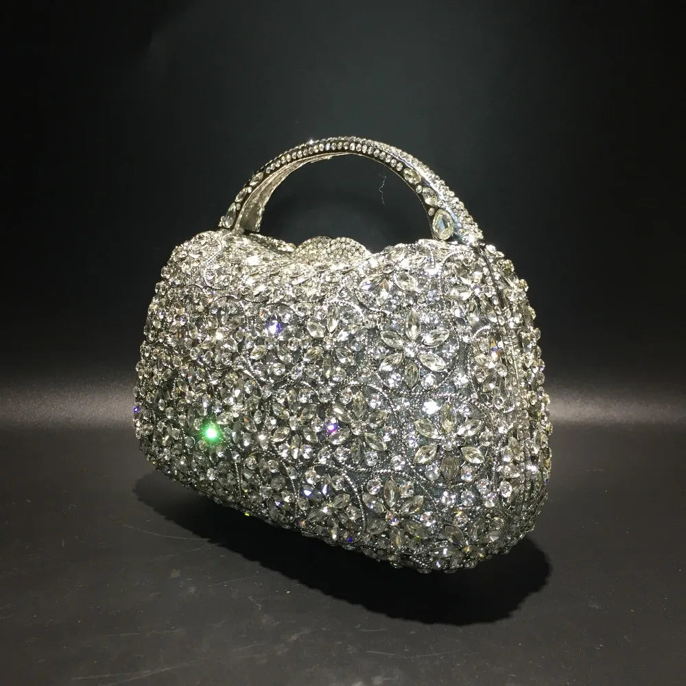 XIYUAN Women Rhinestones Top Handle Handbags Stones Evening bag Minaudiere Wedding Clutch Bridal Tote Ladies Metal Chain Handbag