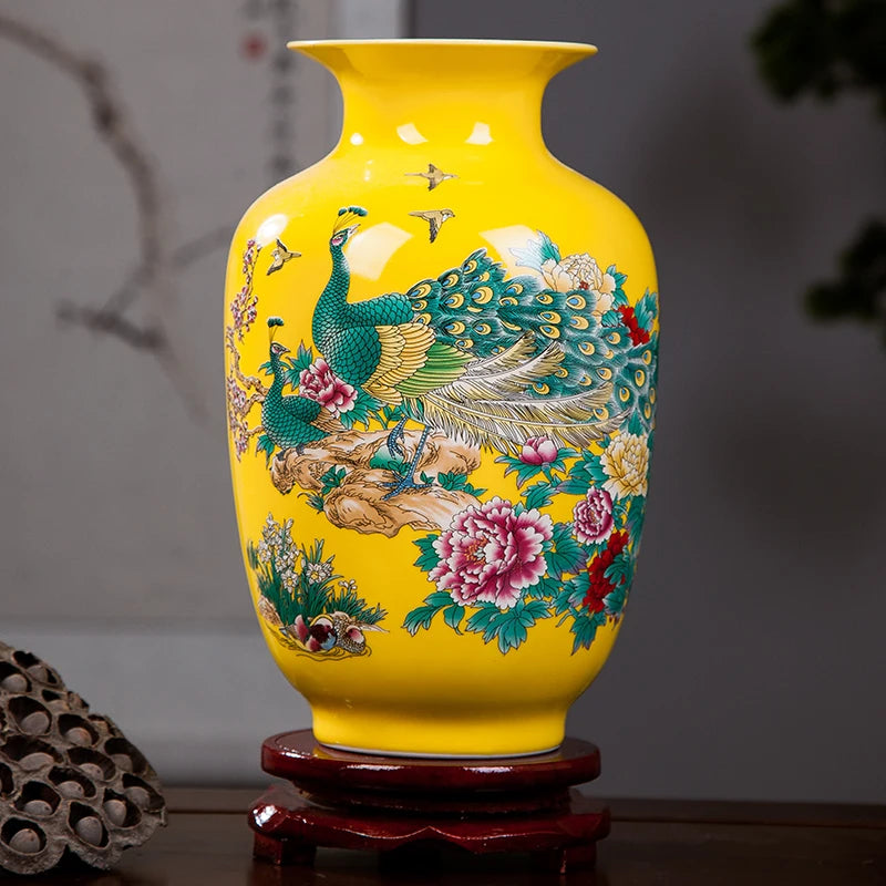 Jingdezhen Ceramics Yellow Peacock Flower Vase New Chinese Home Desktop Arrangement Living Room Decoration Arrangement