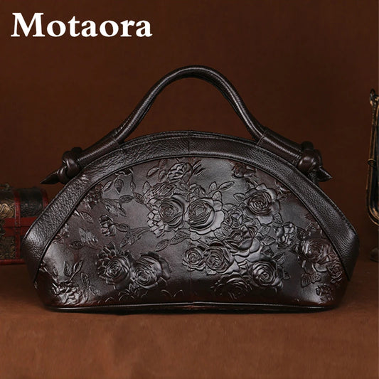 MOTAORA Women's Shoulder Bag Luxury Genuine Leather Handbag Female 2023 New Oil Wax Cowhide Bag Ladies Retro Embossed Women Bag