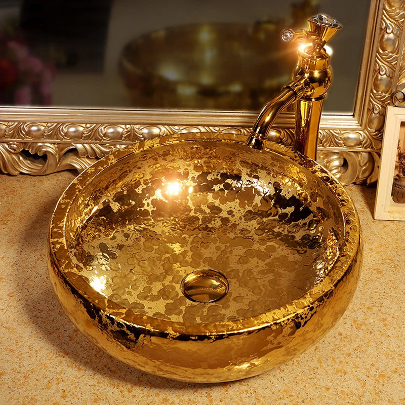 Jingdezhen Luxury Gold Bathroom Vessel Sink Ceramic Counter Top Wash Basin Porcelain Round Sink Bowl Vanity Sinks