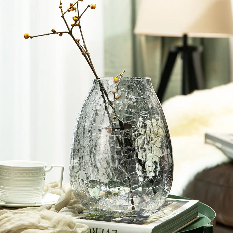 Light luxury handicraft ornaments, light luxury ice flower colored glass vase, extra large transparent glaze flower ware