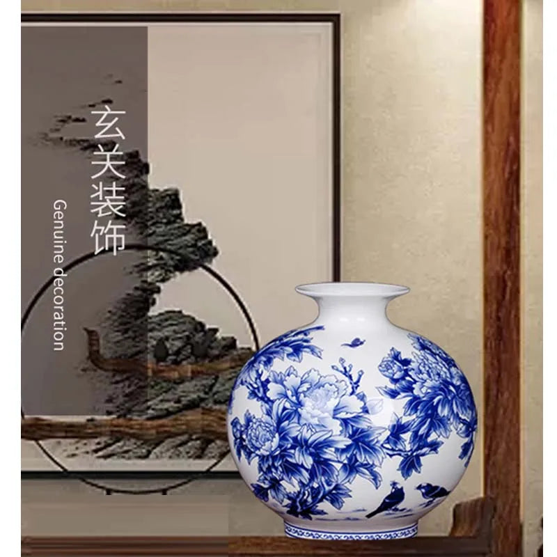 Jingdezhen Ceramic New Chinese Peony Flower Vase Blue And White Porcelain Ornaments Lliving Room Fine Bone China Vase Decoration