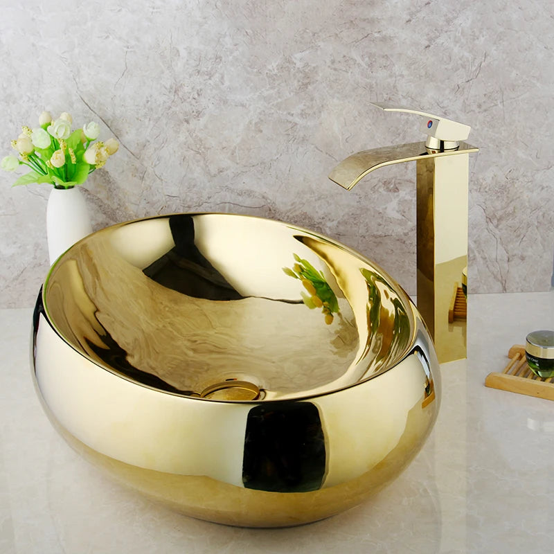 Monite Luxury Golden Ceramic Lavatory Sink Set Solid Brass Bathroom Tap Washbasin Basin Sink Set Bath Combine Mixer Faucet