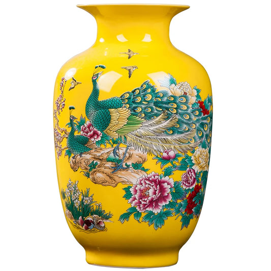 Jingdezhen Ceramics Yellow Peacock Flower Vase New Chinese Home Desktop Arrangement Living Room Decoration Arrangement