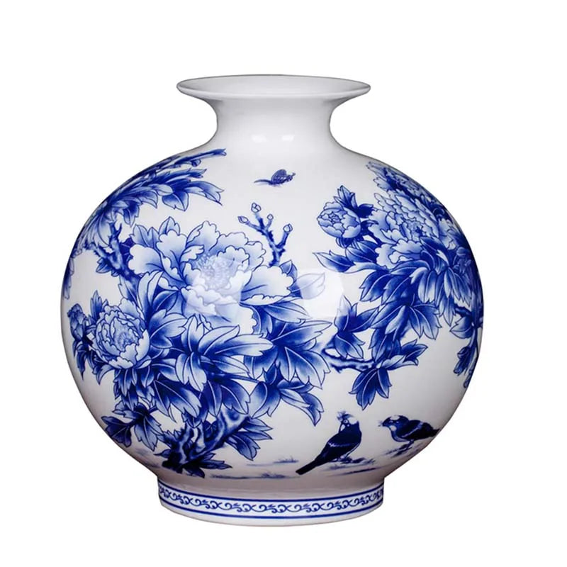 Jingdezhen Ceramic New Chinese Peony Flower Vase Blue And White Porcelain Ornaments Lliving Room Fine Bone China Vase Decoration