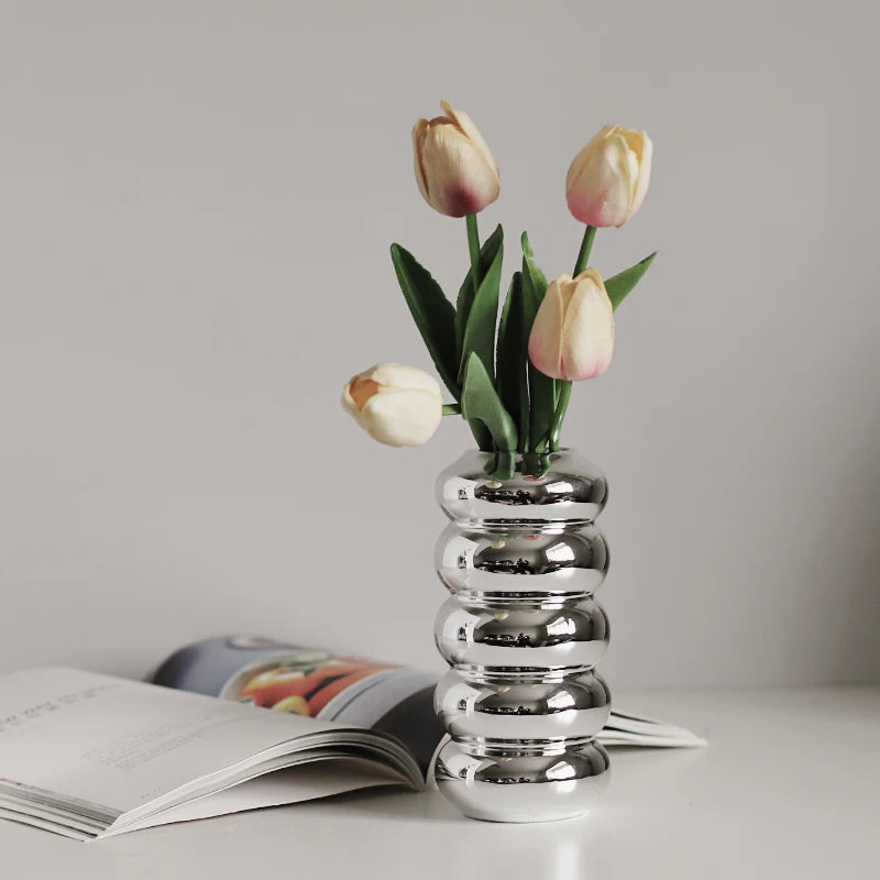 Silver plating Ceramic Vase Nordic home decoration Flower shape Vases for flowers Living room TV cabinet table decor florero