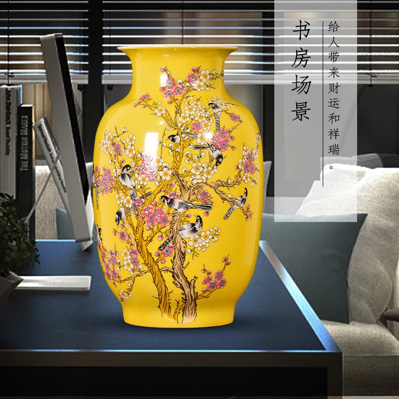 Jingdezhen porcelain antique new Chinese vase yellow glazed  magpie on the plum tree pattern big vases